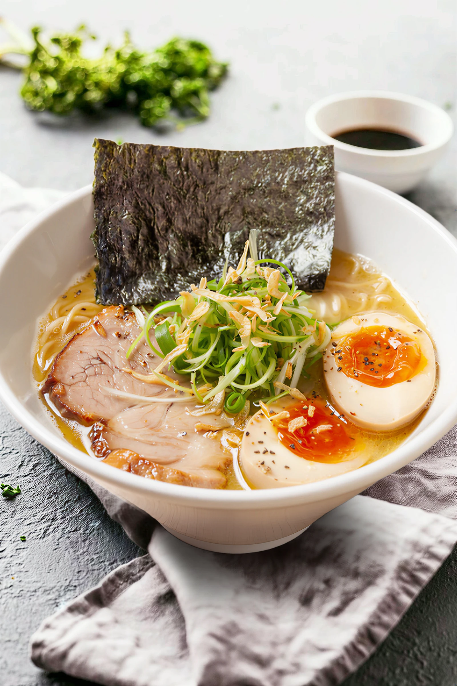 Tonkotsu ramen with chashu, egg, nori and spring onions